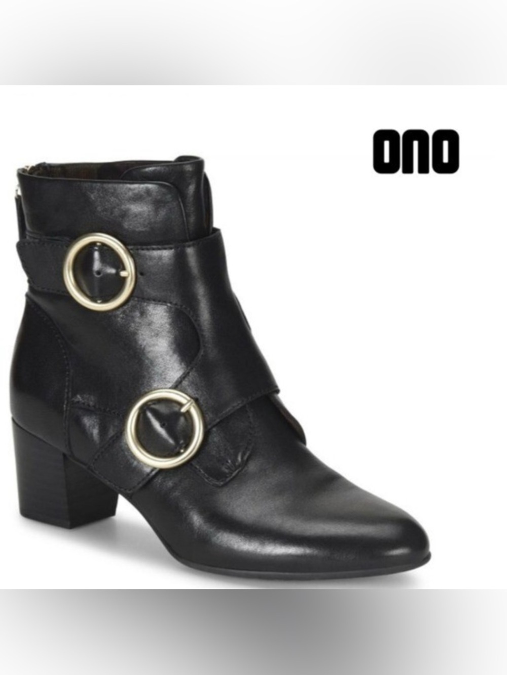 ONO Sz 8 Melker Double Buckle Ankle Black Leather Booties Excellent Condition